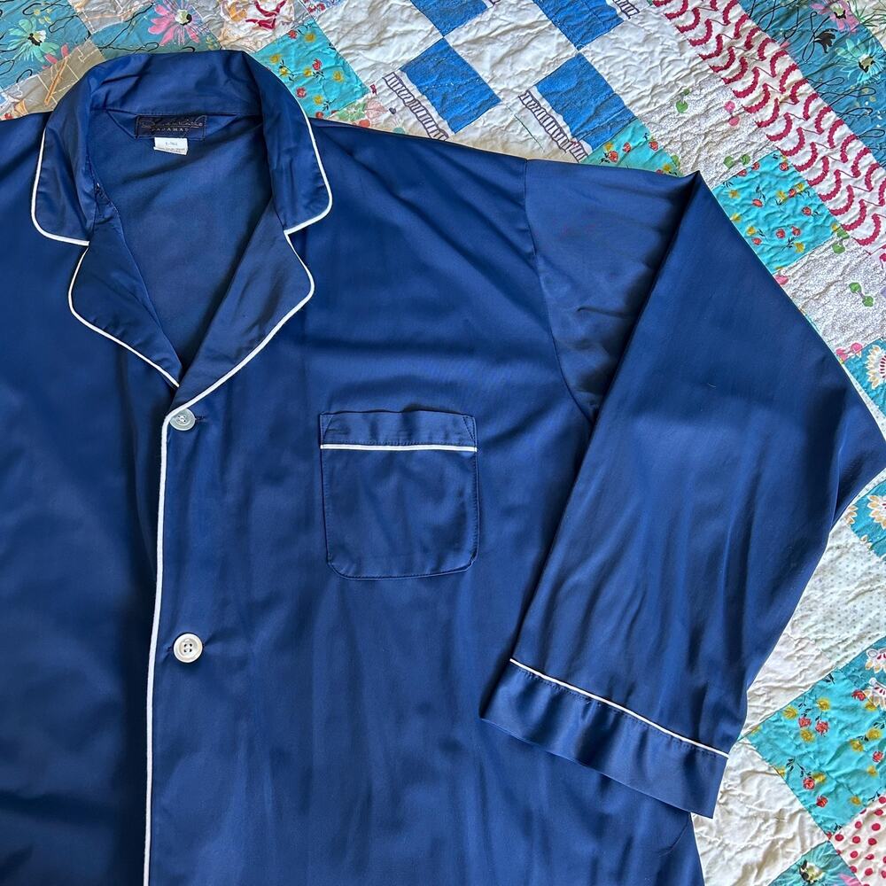 Vintage 70s Oscar de la Renta Slate Blue Oversized Nylon Boyfriend Pajama Top